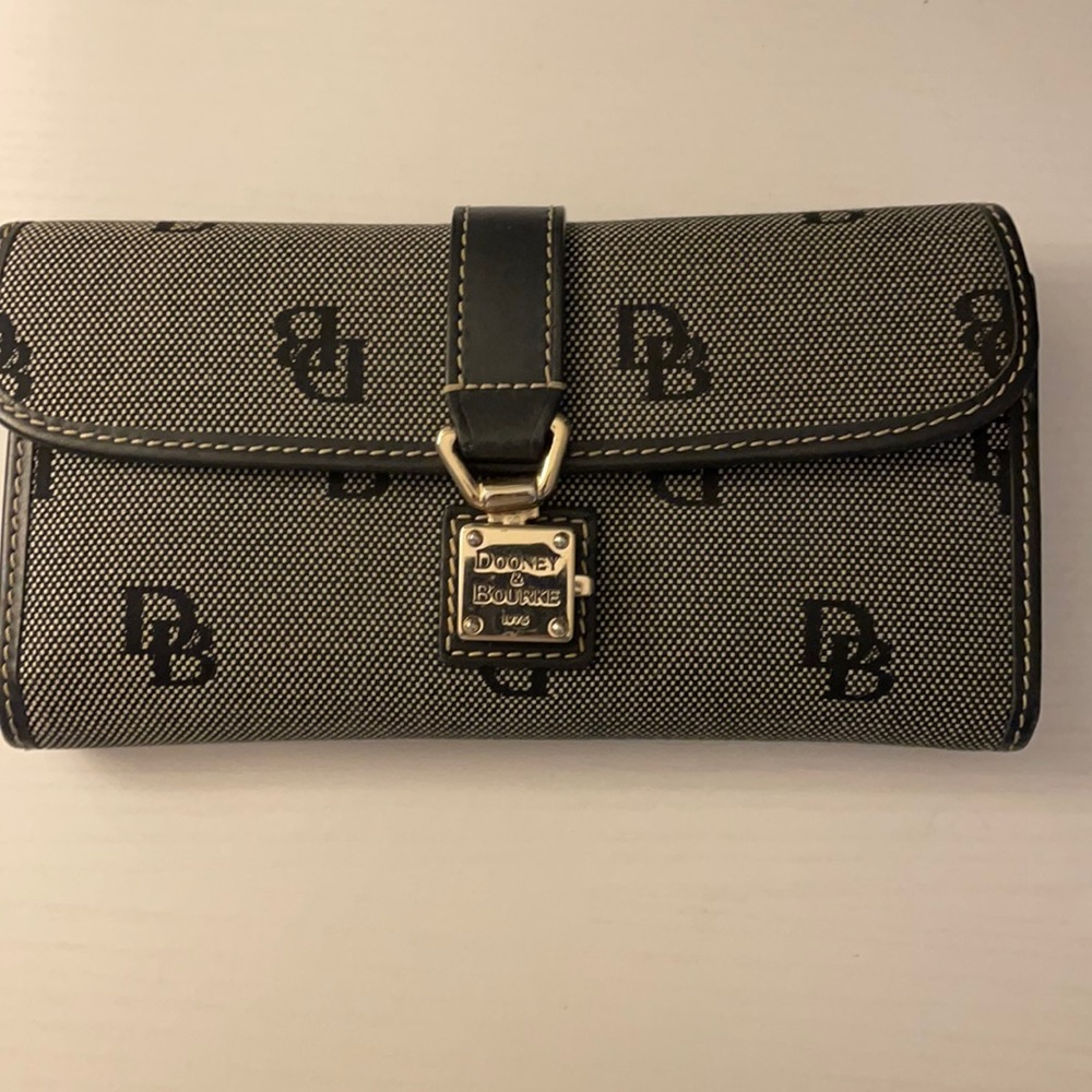 Dooney and Burke tri fold navy and gray wallet